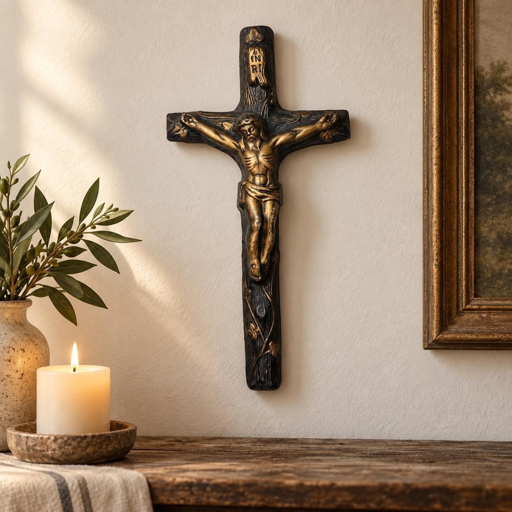 Handpainted Ceramic Crucifix Wall Cross Black Gold Religious Decor Jesus Wall